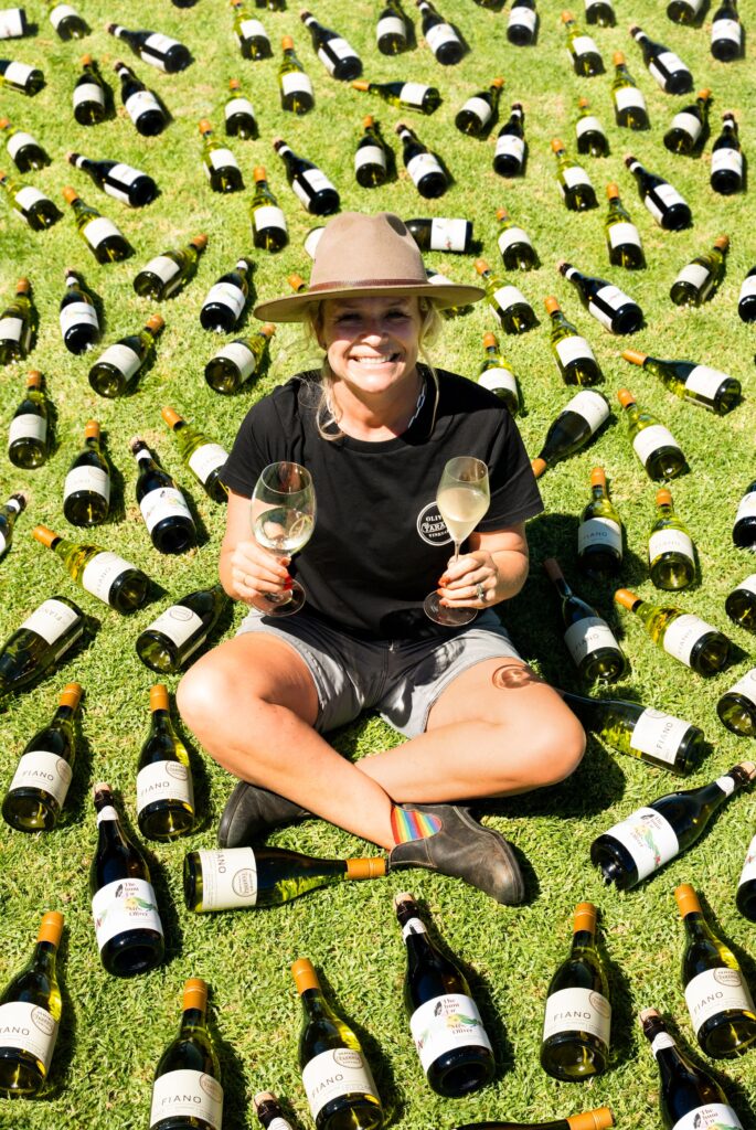 Queen of Fiano Corrina Wright surrounded by Fiano at Oliver's Taranga